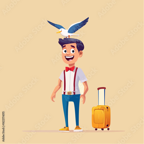 A cartoon character with a seagull on their head watches in horror as a suitcase grows legs and runs off.