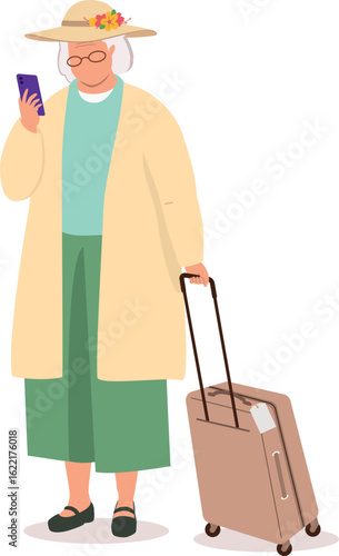One Elderly Woman With Luggage Bag Checking At Her Mobile Phone.