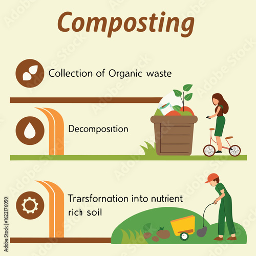 Composting Process Visual: A visually clear illustration of the composting process. This graphic depicts the key steps, from collecting organic waste to transforming it into nutrient-rich soil.