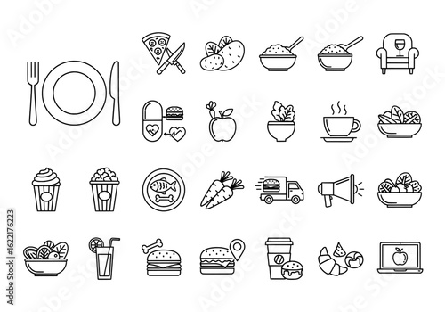 Line art illustration featuring various food items and related objects arranged in a grid pattern