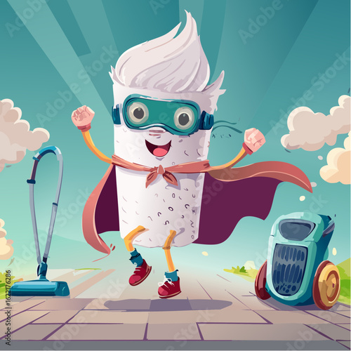 A stunned cartoon superhero in a toilet paper cape watches a vacuum cleaner do a tap dance.