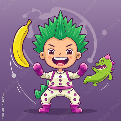 A pajama-wearing cartoon goof stares in horror as a banana peel starts doing kung fu kicks.