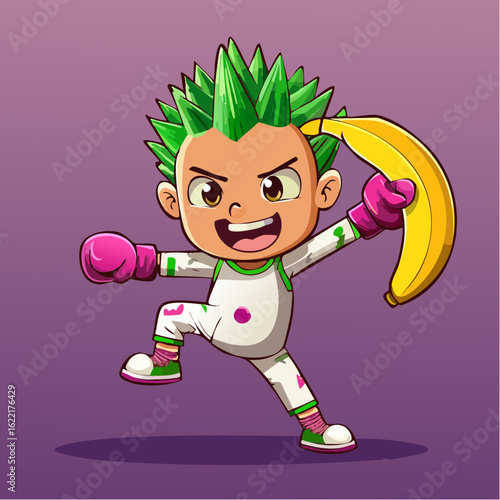 A pajama-wearing cartoon goof stares in horror as a banana peel starts doing kung fu kicks.