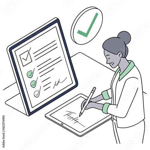 Digitally Signing the Deal: A professional, digitally signing on a tablet, next to a digital document with a check mark. Represents online approval