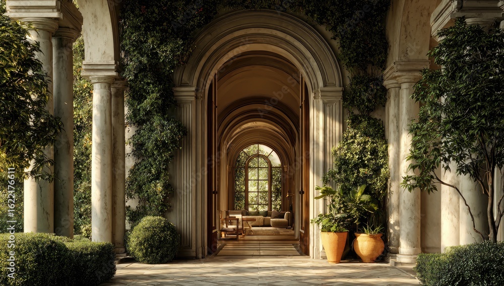 Fototapeta premium Sunlight-drenched colonnade, arches, lush greenery