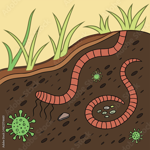 Earthworm's Life: Delve into the intricate world of earthworms as they navigate through the soil, surrounded by elements of a thriving ecosystem. Showcasing their essential role in the ground