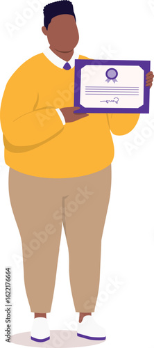 One Plus Size Black Man Standing And Showing His Certificate.