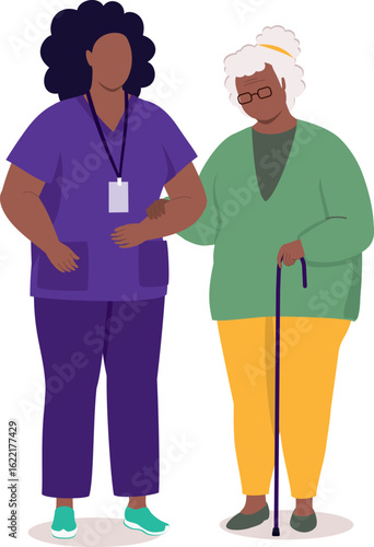Plus Size Black Female Nurse With Medical Scrubs Helping An Elderly Woman.