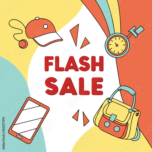 Dynamic Flash Sale Illustration: A vibrant illustration boldly proclaims a FLASH SALE, surrounded by an assortment of appealing items and a dynamic layout designed to excite and captivate.