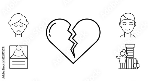 Broken heart icon with divorce and child custody symbols in line style
