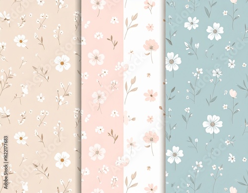 Hand-drawn floral patterns with delicate pastel colors for textile or wallpaper design