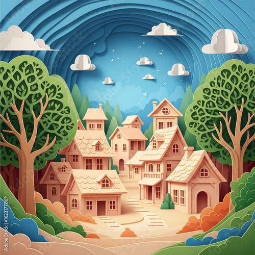 Paper art village houses with trees clouds and blue sky countryside landscape background illustration design