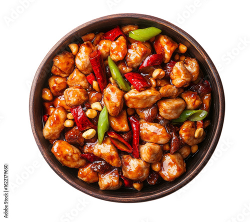 Delicious and spicy kung pao chicken dish served in a rustic wooden bowl on transparent background