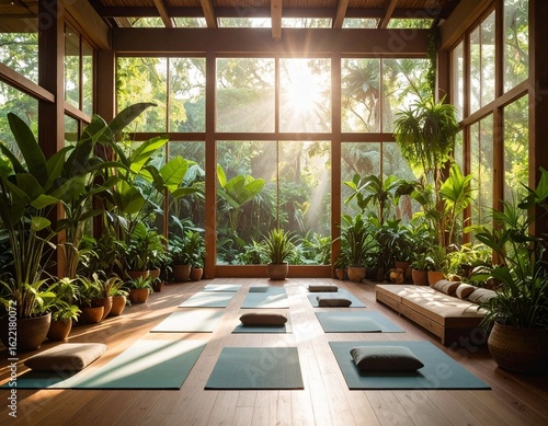 Natural wellness scenes featuring yoga poses, green plants, and soft sunlight 