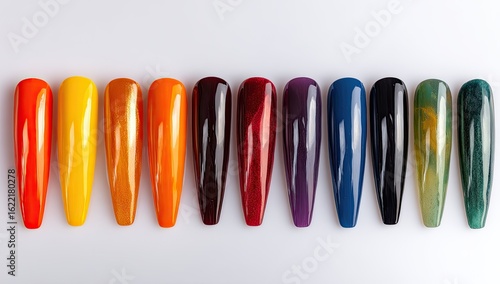Colorful, polished nails in a spectrum of shades