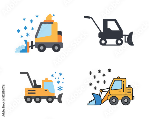 Illustration of snowplow vehicles in different styles isolated on white background