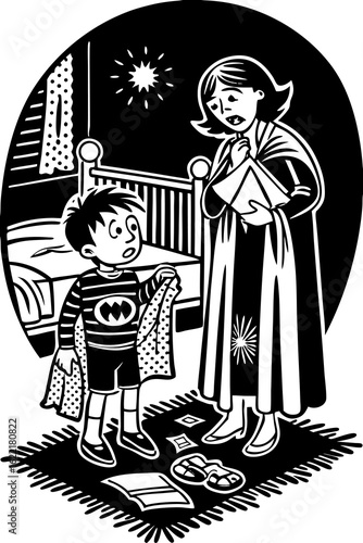 Boy superhero costume night bedroom mother bedtime story blanket rug slippers window star worried vector Illustration