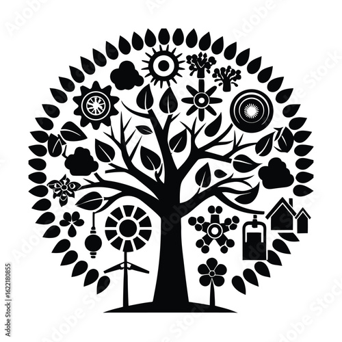 Large eco tree with icons of renewable energy types vector silhouette on white background  