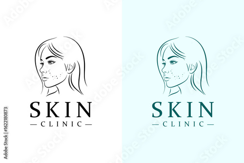 minimal girl face with acne dots vector illustration, icon, logo for herbal, acne, anti aging, skin care, skin wellness, skin clinic, luxury facial spa, cosmetics brand, dermatologist, and more