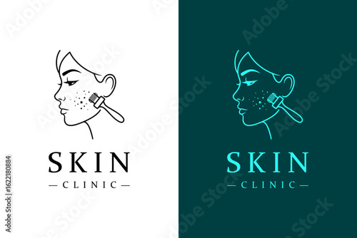 girl's side face with acne dots on cheek and roller vector illustration, logo for skin clinic, luxury facial spa, anti aging, skin care, dermatologist, cosmetics brand, skin specialist, and more