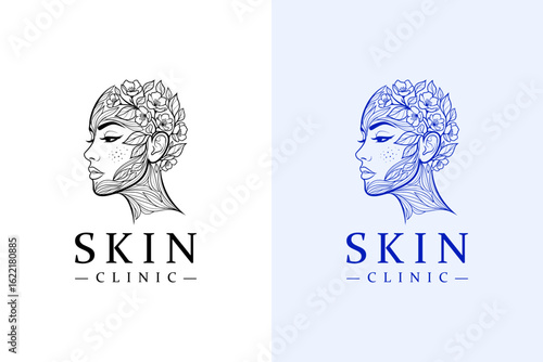 illustration of woman face formed from blooming leaves, vector logo for skin wellness, cosmetics brand, herbal, botanical, skin specialist, anti aging, skin clinic, dermatologist, and more