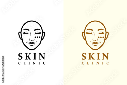 smiling woman face with three acne dots on cheek illustration, vector logo for skin care, skin specialist, dermatologist, beauty, cosmetics brand, skin wellness, skin clinic, and more