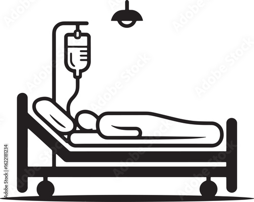 Hospital Bed with IV Drip and Patient Lying Down