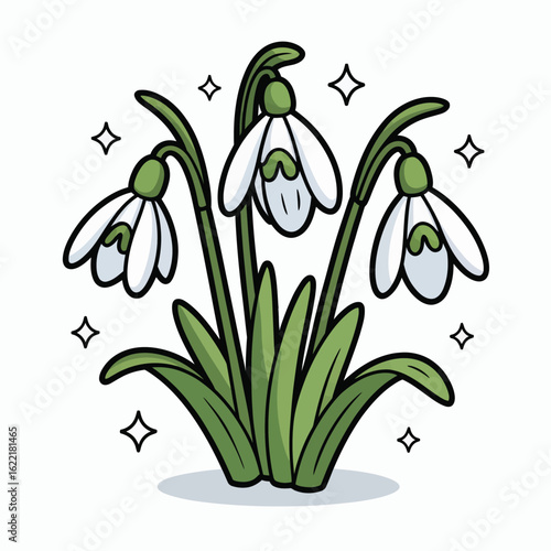 Cluster of delicate white snowdrop flowers with green leaves and sparkling accents