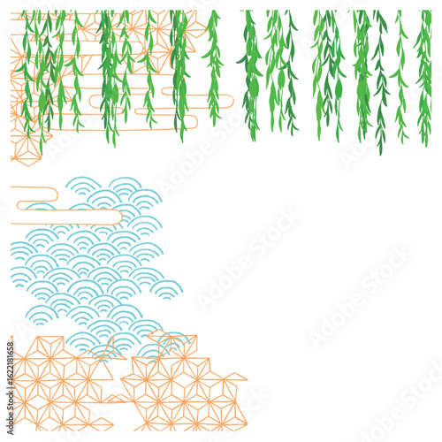 金色の背景に、柳をデザインした和風の背景素材