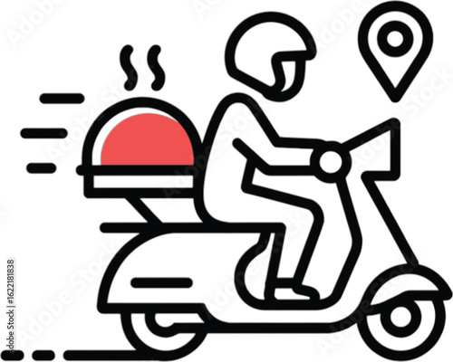 Rider on scooter delivering hot food with location pin delivery