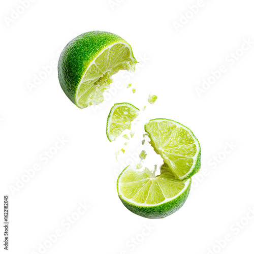 Fresh lime slices exploding in mid-air