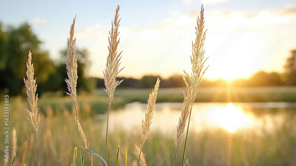 Obraz premium Golden hour light shines through tall grass by serene pond, creating tranquil atmosphere