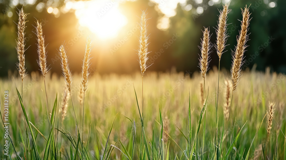 Obraz premium Golden hour sunlight shines through tall grass in serene field, creating peaceful atmosphere