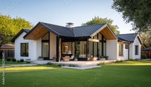 Modern, light-filled home with a contemporary design, featuring a black metal roof, light-colored siding, and a large glass extension