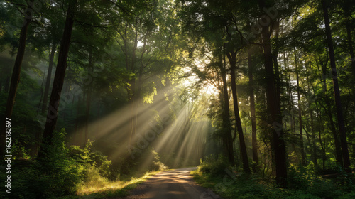 Sunbeams dramatically pierce through the canopy of a quiet, green forest, illuminating a clear, tranquil path, representing a clear path forward and the healing power of nature.