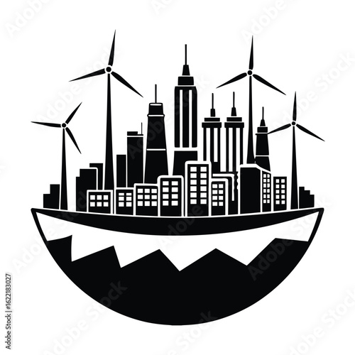 Megacity converting to green energy with solar and wind solutions vector silhouette on white background.