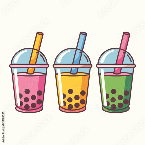 Three colorful bubble tea drinks with straws and tapioca pearls