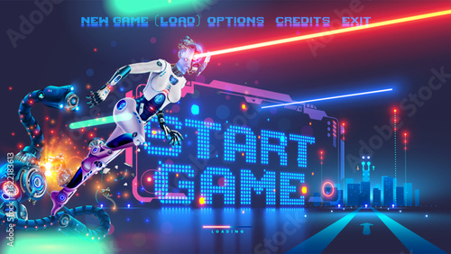 Non existent computer video game screenshot. Start Interface of computer action video game with menu, loading bar, robot super hero winning antagonist. Sci-fi Robot cyborg woman with laser on arena.