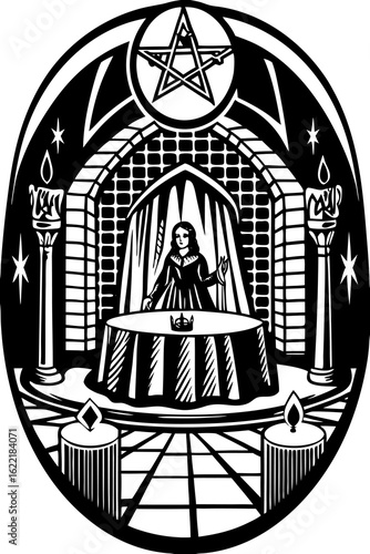 Witchcraft occult gothic pentagram ritual magic fantasy dark art esoteric black and white illustration design vector Illustration