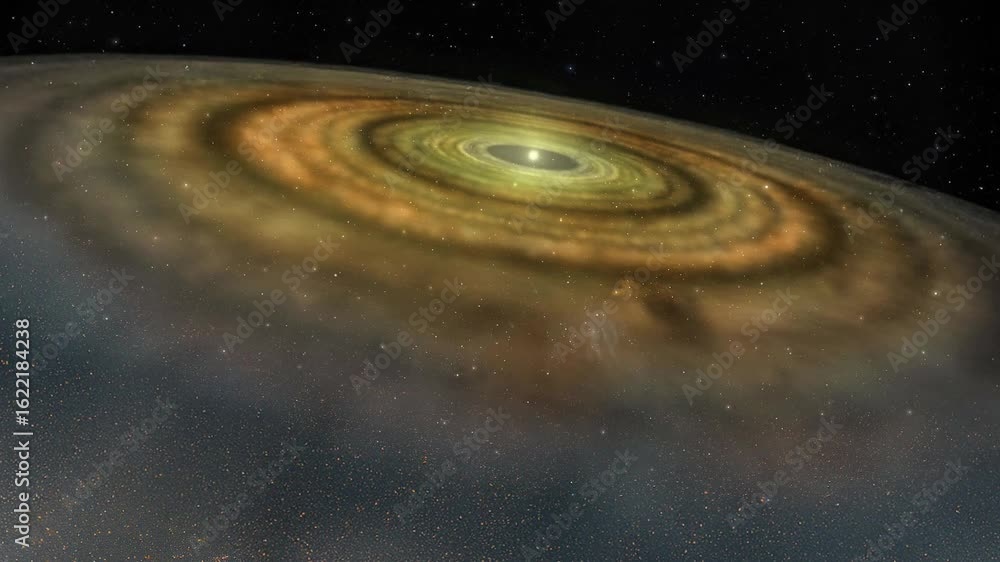 Solar System protoplanetary disk with a bright young sun at its center, surrounded by swirling cosmic dust and gas. Solar System protoplanetary disk with a bright young sun at its center, surrounded by swirling cosmic dust and gas.
