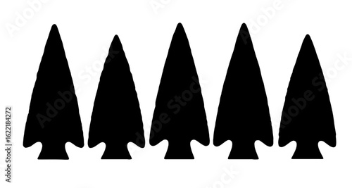 Collection of black arrowhead sculptures isolated on white background