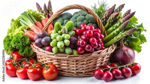 Vibrant Fresh Produce in Rustic Basket:  Healthy Eating,  Farm-to-Table,  Organic Vegetables and Grapes.