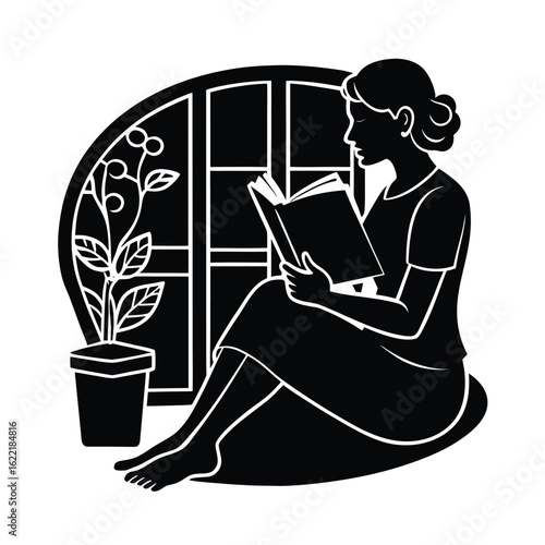 Woman Reading Book In Quiet Room For Relaxation vector silhouette on white background.