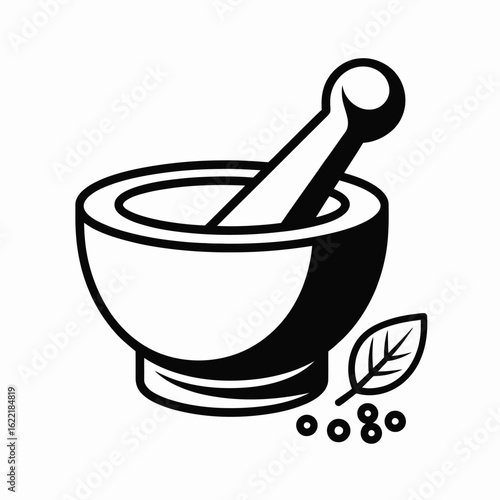 Mortar and pestle with herbs and spices for natural medicine