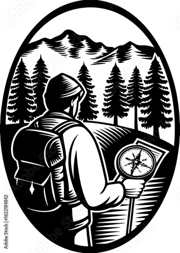 Hiker compass map mountain outdoor adventure backpacking travel nature exploration trekking tourism guide journey vector Illustration