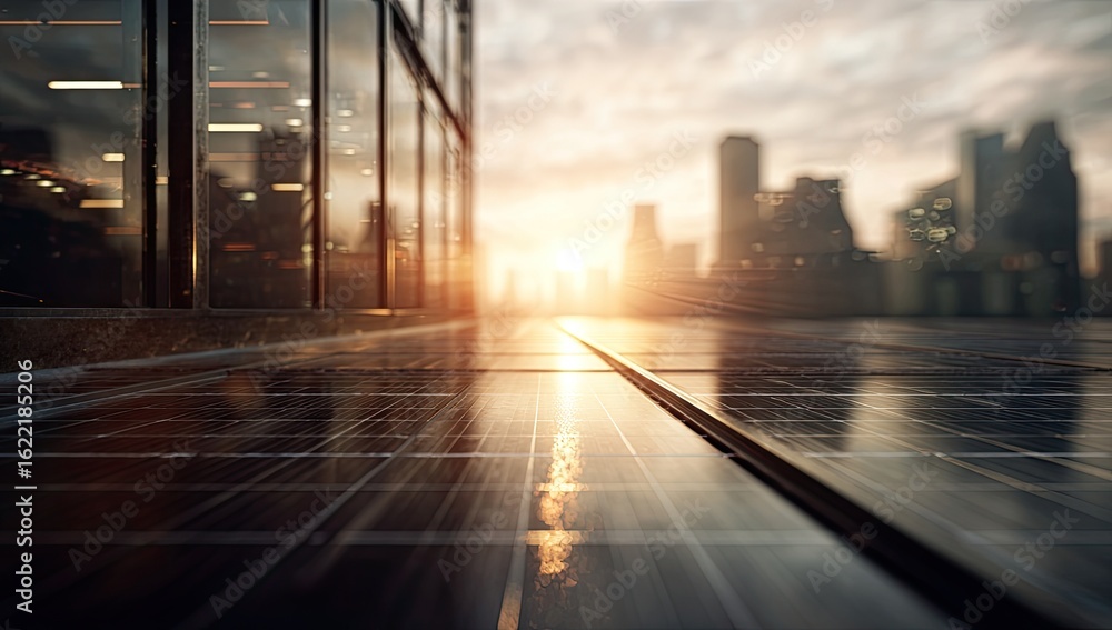 Fototapeta premium Urban rooftop solar panels at sunrise