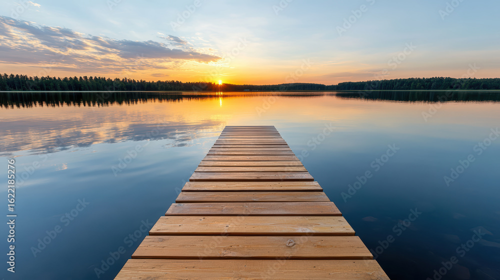 Fototapeta premium Serene wooden dock extends into calm lake, reflecting vibrant sunset and surrounding trees