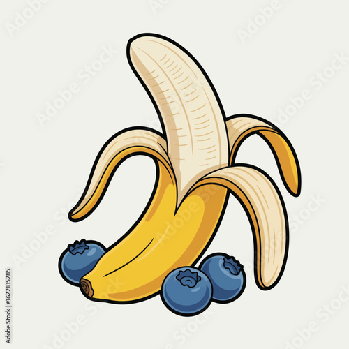 Peeled banana with blueberries on a light background