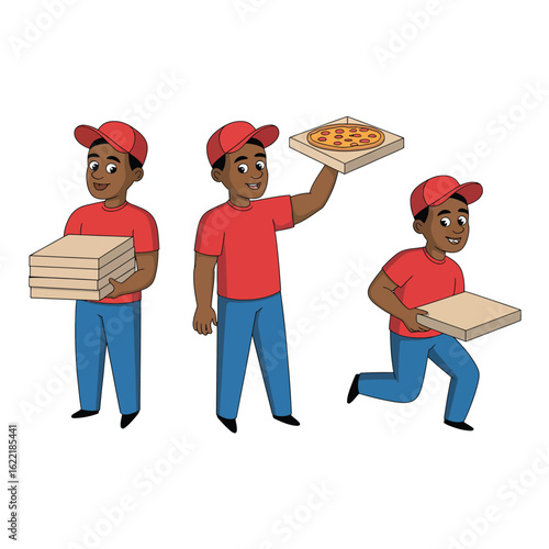 Three cartoon pizza delivery men in red shirts and blue pants