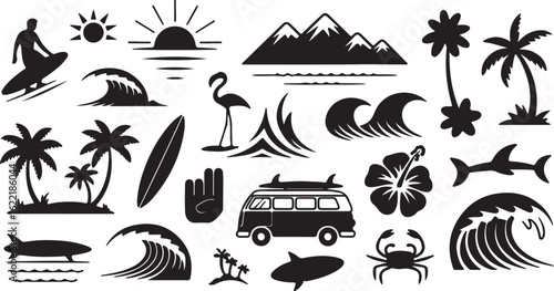 Black and white seamless pattern with summer and beach themed icons including surfboards waves mountains sun flamingo van hibiscus shark crab and palm tree island